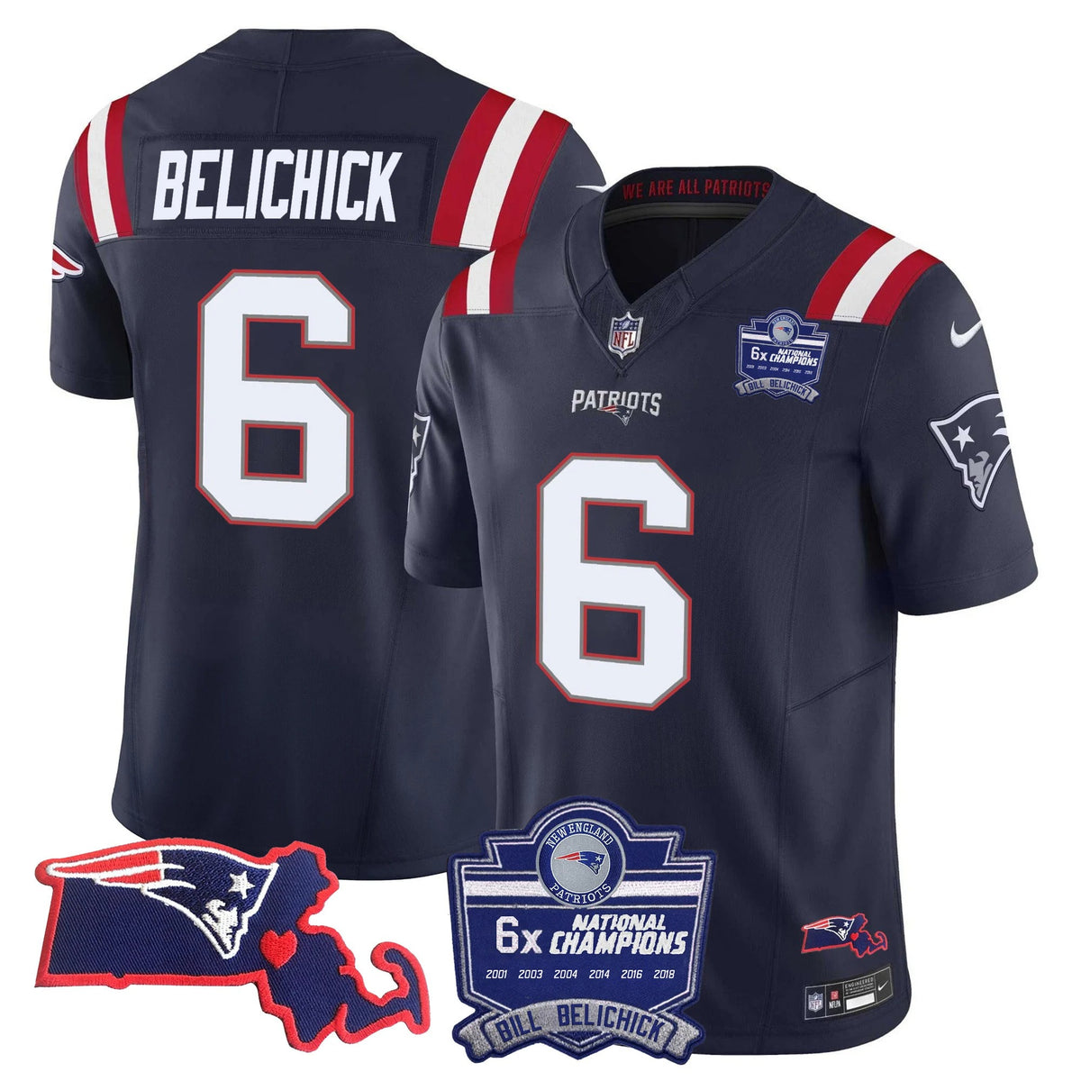 N.E Patriots #6 Bill Belichick Bill Belichick 6x Champions & State Patch Fan Jersey