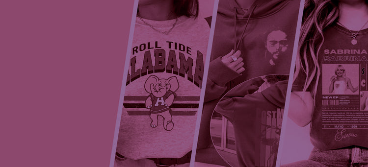 Collage of t-shirts with various designs and text on a purple filter.