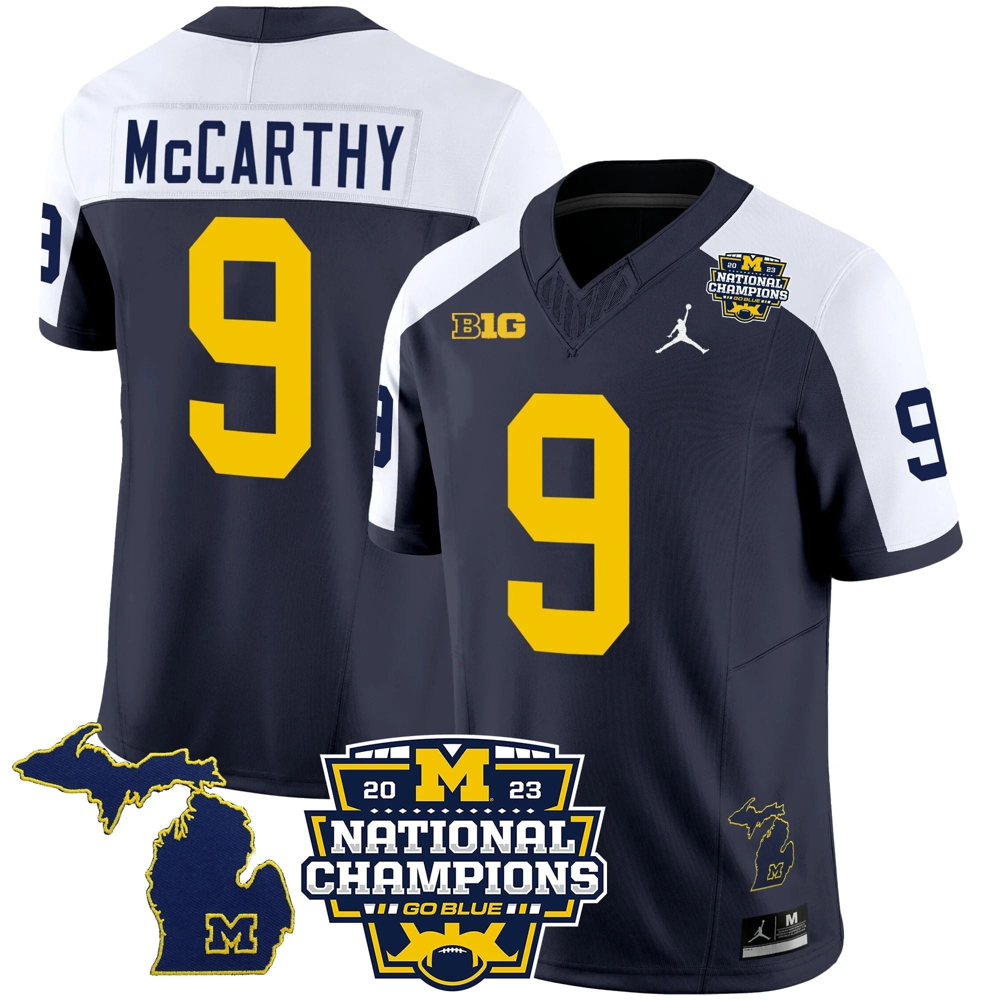 M.Wolverines #9 J. J. McCarthy B1G & 2023 National Champions Patch Fan Jersey