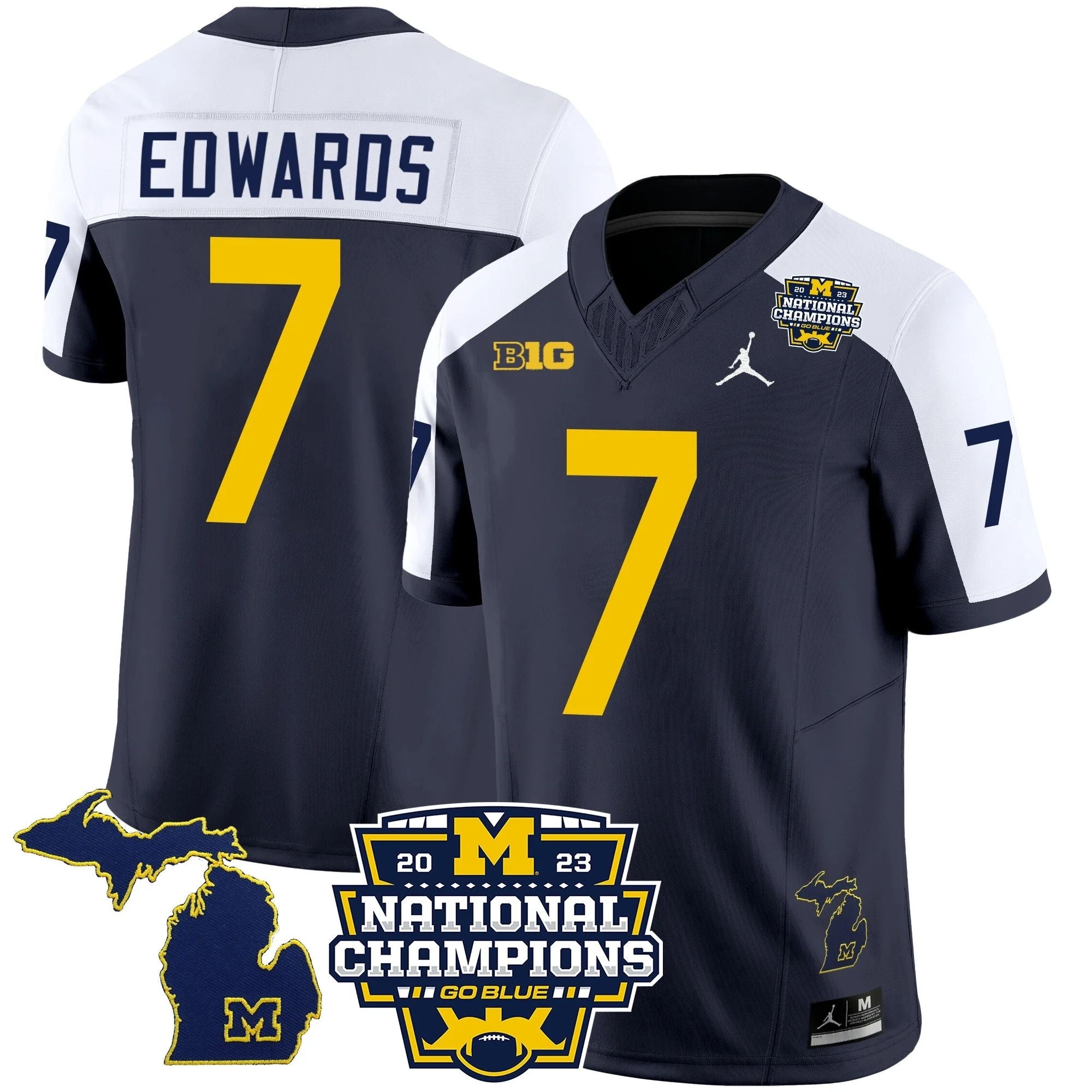 M.Wolverines #7 Donovan Edwards B1G & 2023 National Champions Patch Fan Jersey