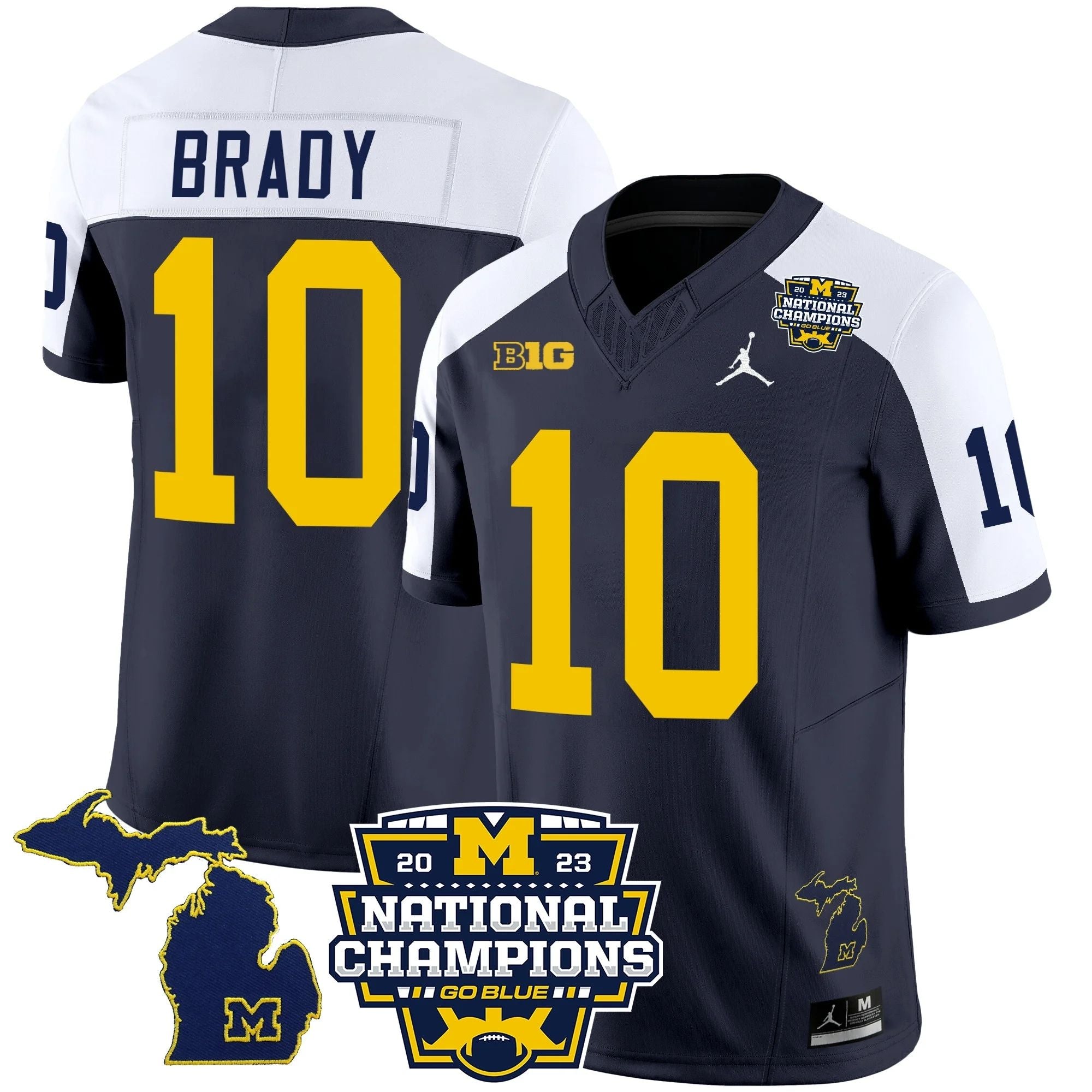 M.Wolverines #10 Tom Brady B1G & 2023 National Champions Patch Fan Jersey