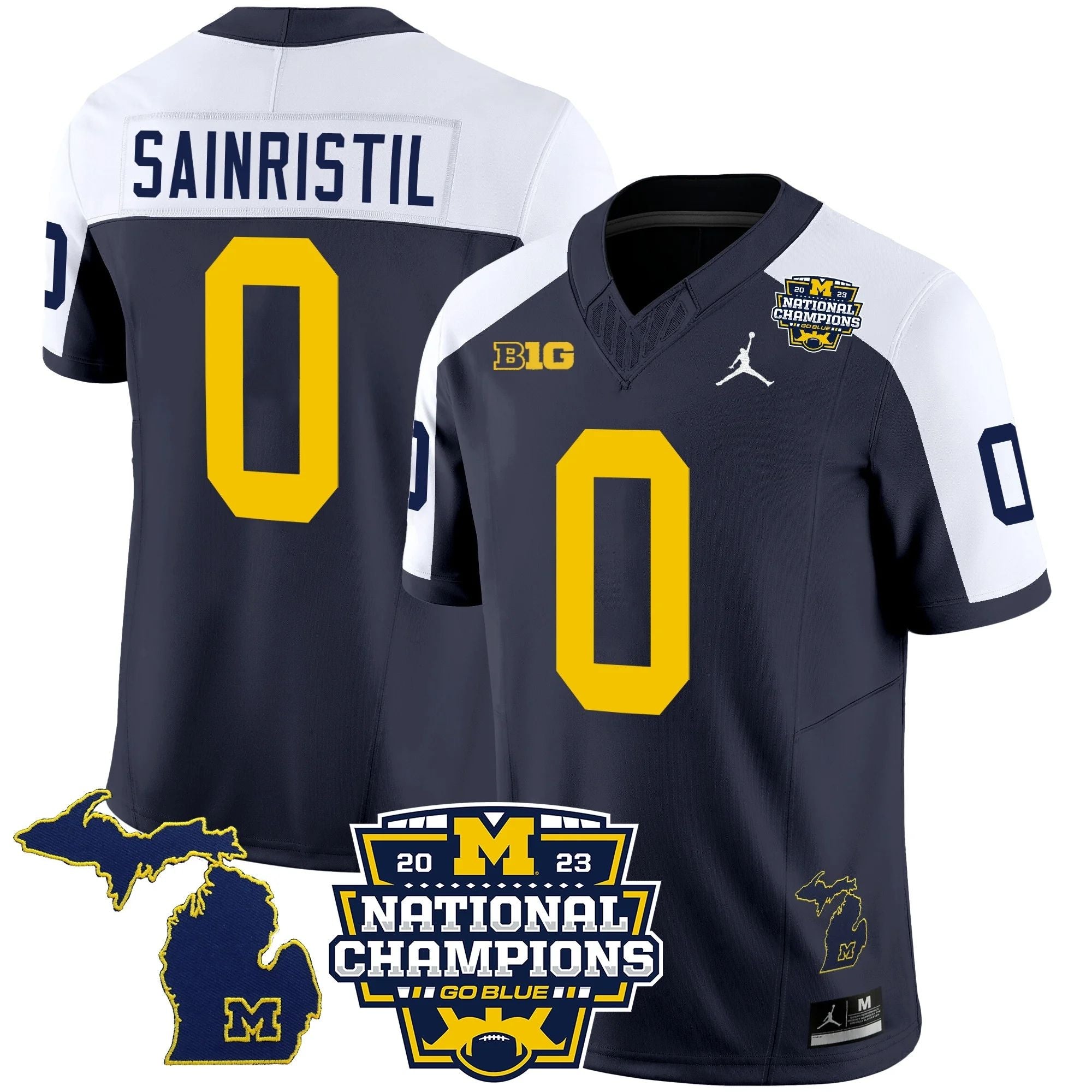 M.Wolverines #0 Mike Sainristil B1G & 2023 National Champions Patch Fan Jersey