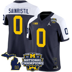 M.Wolverines #0 Mike Sainristil B1G & 2023 National Champions Patch Fan Jersey
