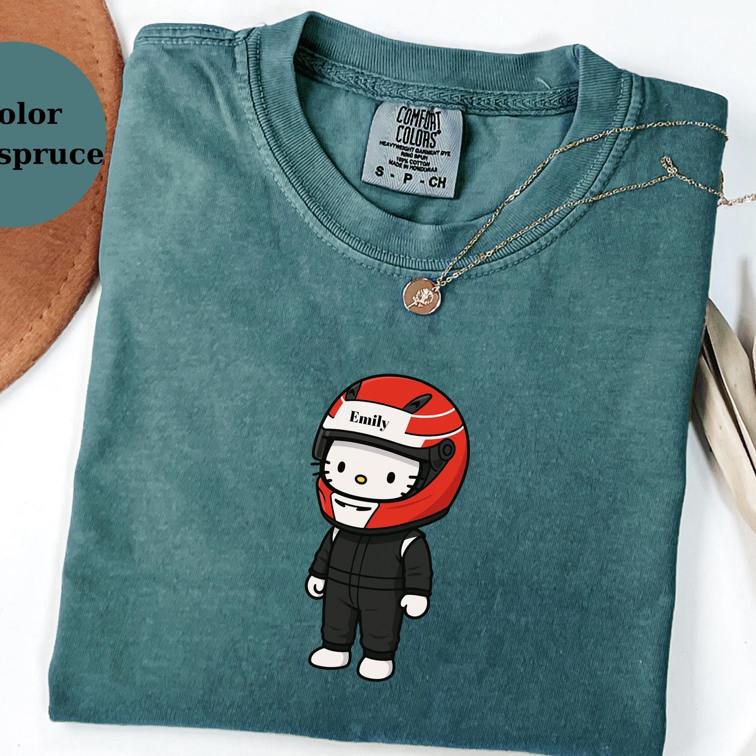 Personalized Racer Hello Kitty T-Shirt Custom Name Helmet Cute Race Driver Tee for F1 & Kart Fans