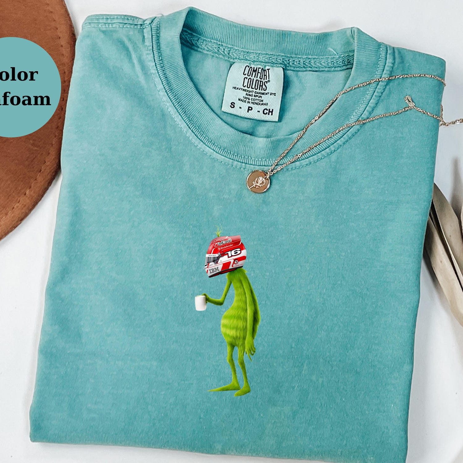 Charles Leclerc Racing Helmet Grinch Shirt, Funny F1 Fan Crewneck, Cartoon Racer Top, Motorsport Gift, Comfort Colors Unisex Shirt