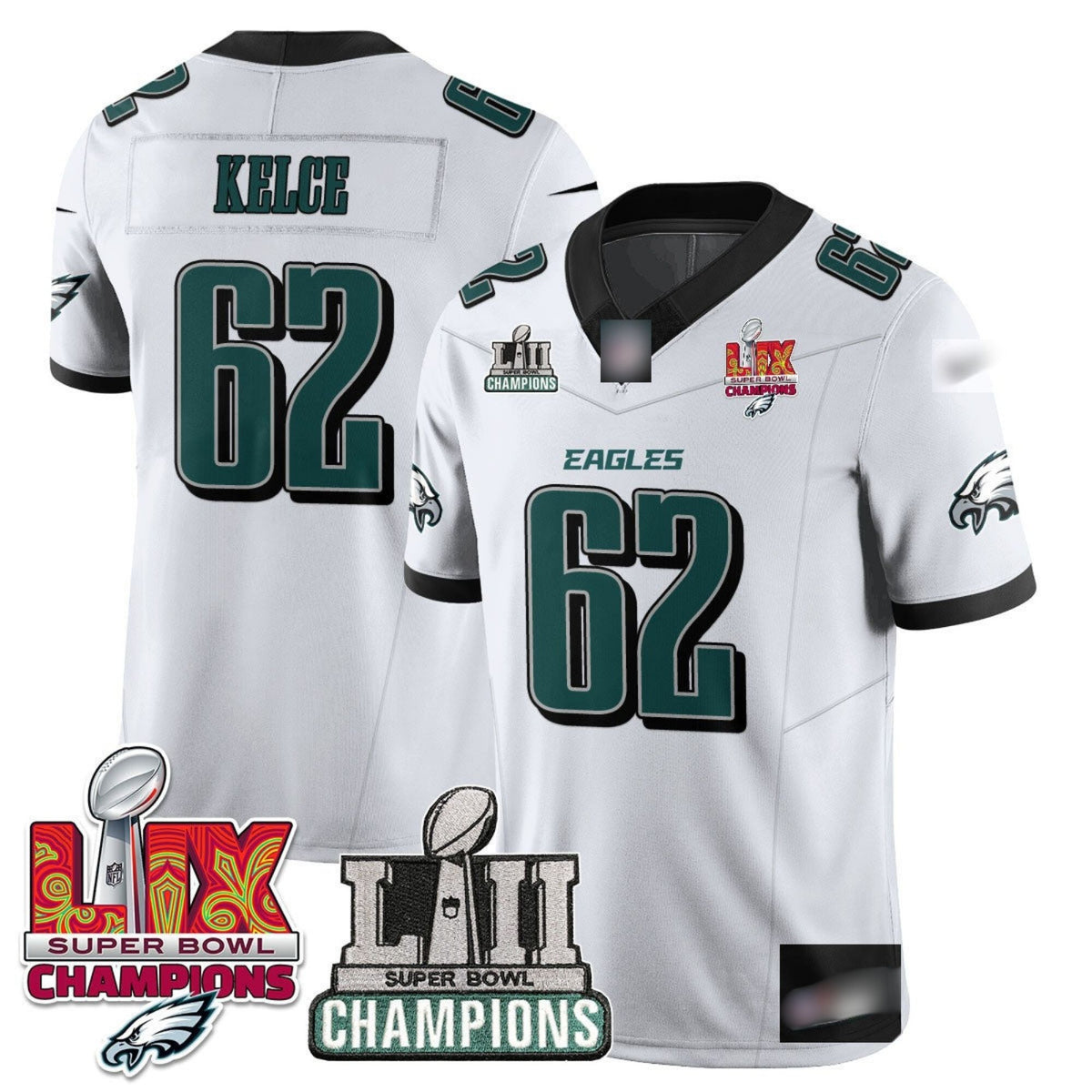 P.Eagles #62 Jason Kelce LII-LIX Super Bowl Champions Vapor Limited Jersey - White