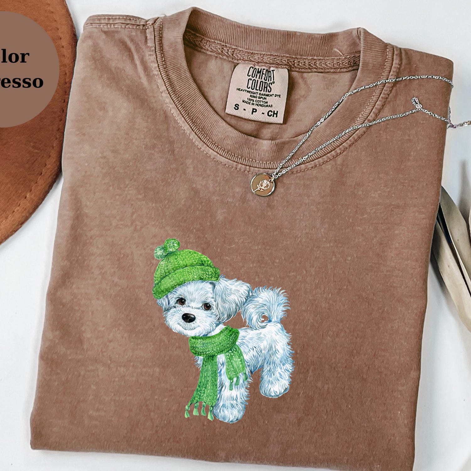 Cute Winter Puppy T-Shirt, Dog With Hat and Scarf Tee