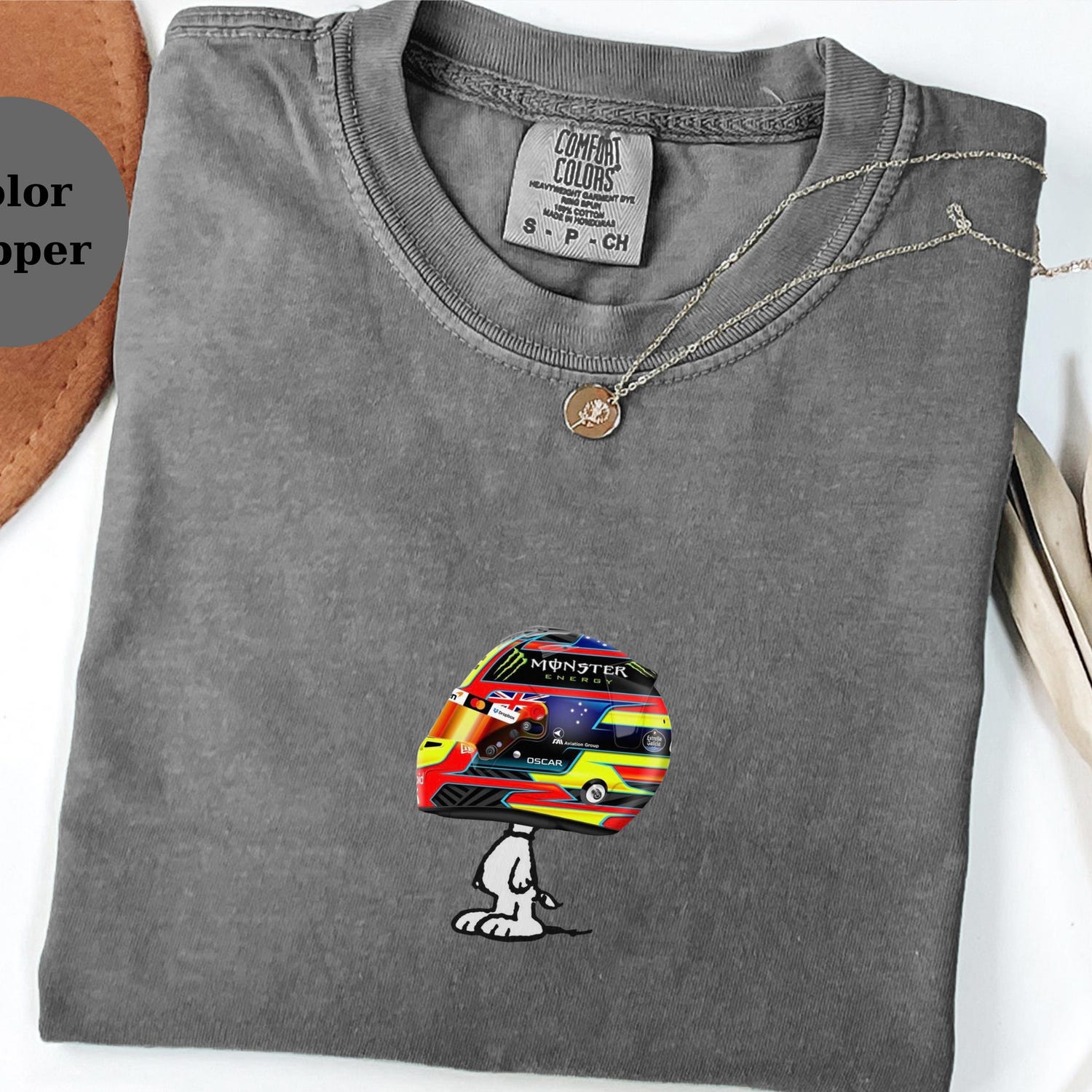 Oscar Piastri Racing Helmet Snoopy Shirt, Funny F1 Fan Crewneck, Cartoon Racer Top, Motorsport Gift, Comfort Colors Unisex Shirt