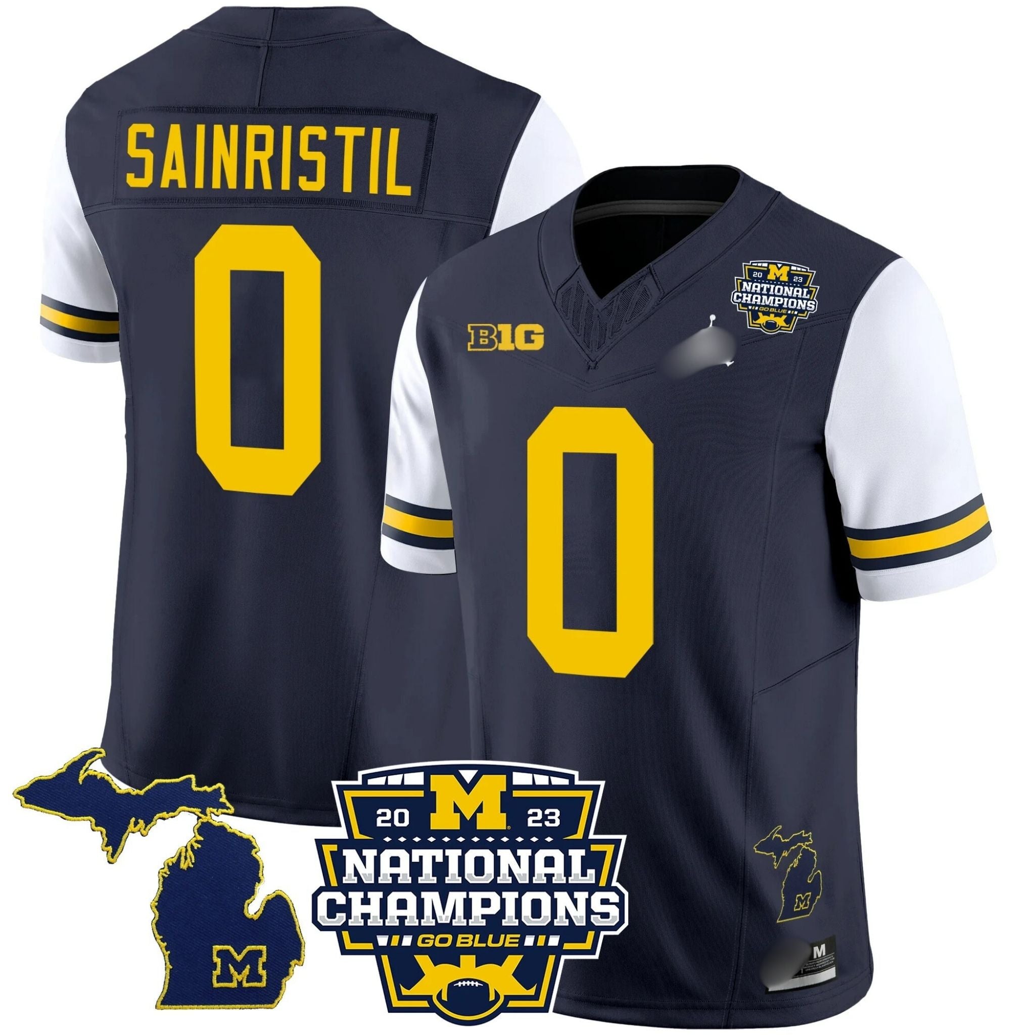 M.Wolverines #0 Mike Sainristil B1G & 2023 National Champions Patch Fan Jersey