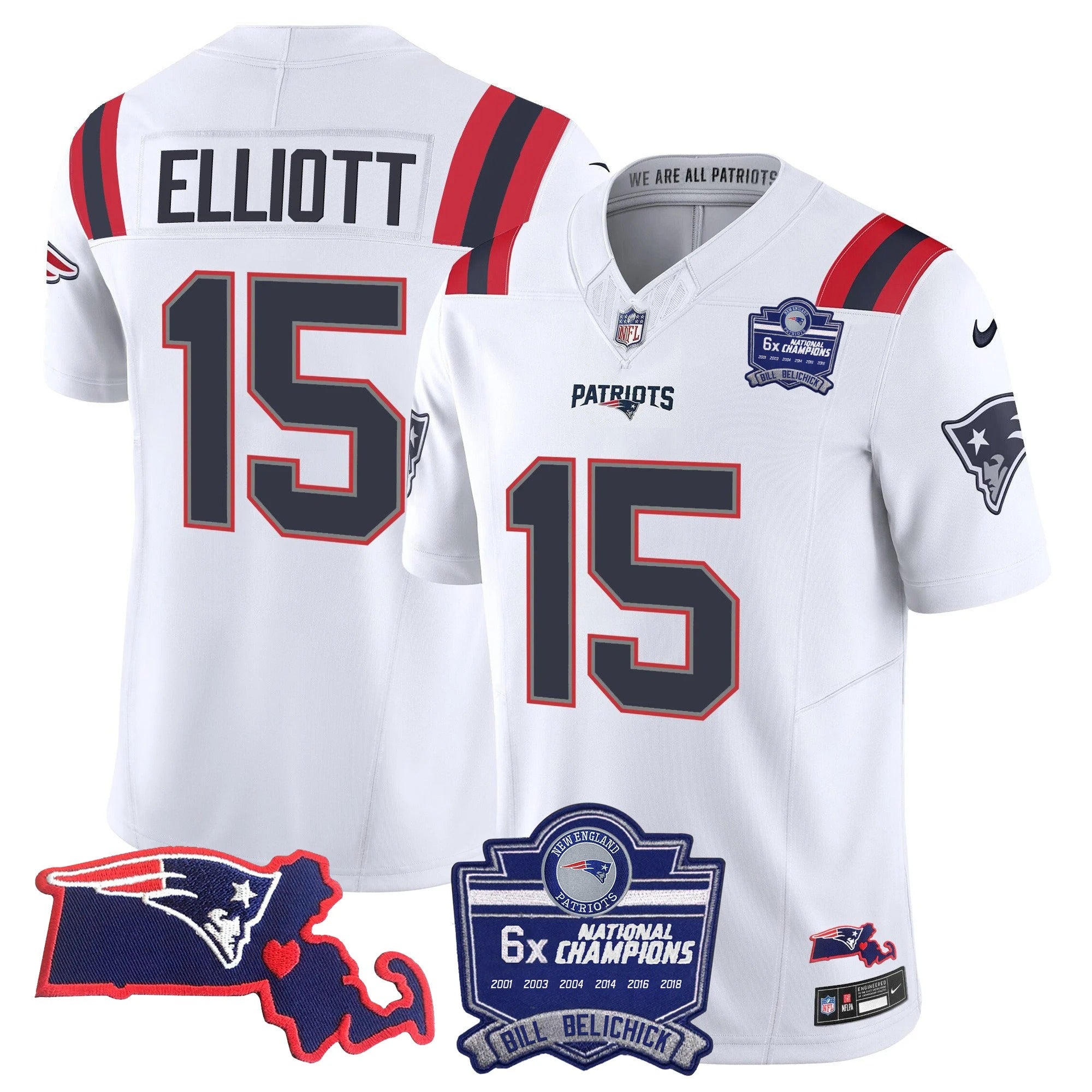 N.E Patriots #15 Ezekiel Elliott Bill Belichick 6x Champions & State Patch Fan Jersey