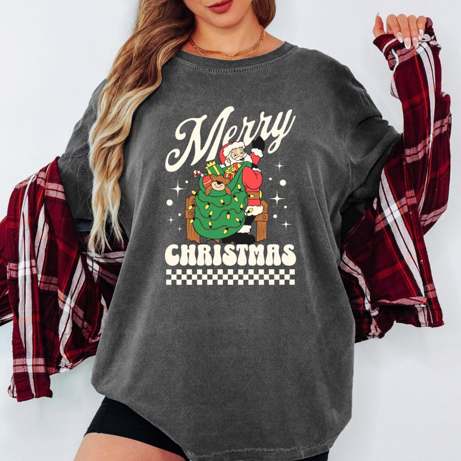 Retro Merry Christmas Sweatshirt, Vintage Santa Claus & Christmas Tree Shirt, Cute Xmas Graphic Tee, Unisex Winter Gift