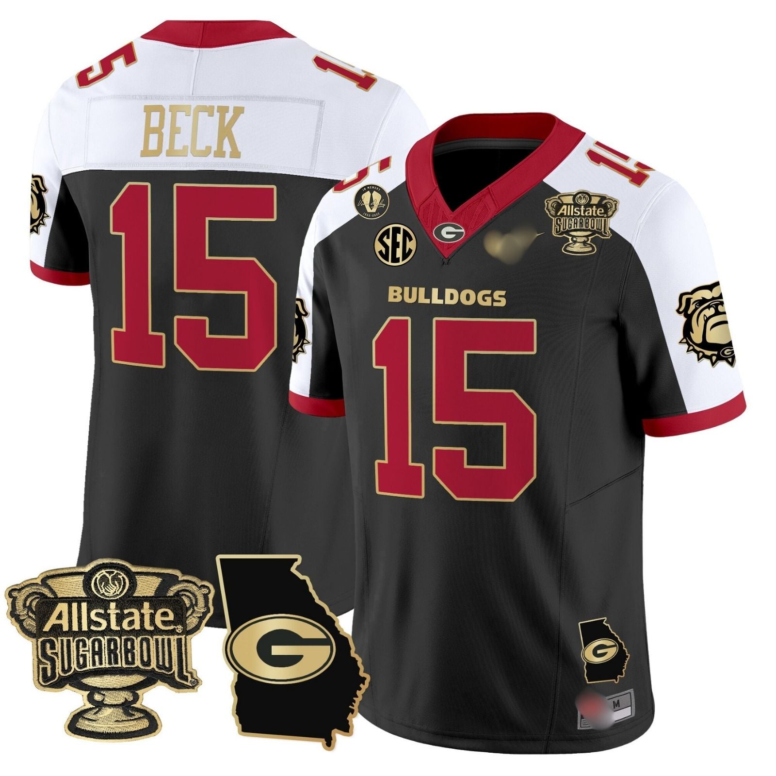 G.Bulldogs #15 Carson Beck 2024 Sugar Bowl & Georgia Map Patch Limited Jersey
