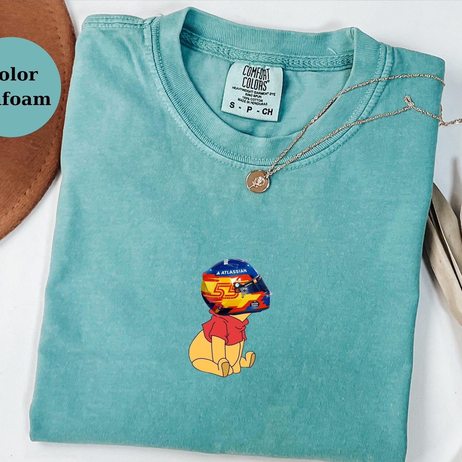 Carlos Sainz Racing Helmet Winnie The Pooh Shirt, Funny F1 Fan Crewneck, Cartoon Racer Top, Motorsport Gift, Comfort Colors Unisex Shirt