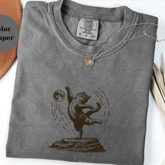 Cat Dancing Shirt, Moon Cat Tee, Cosmic Cat Art Top, Funny Cat Lover Gift, Boho Cat Graphic Tee, Retro Cat Shirt Unisex
