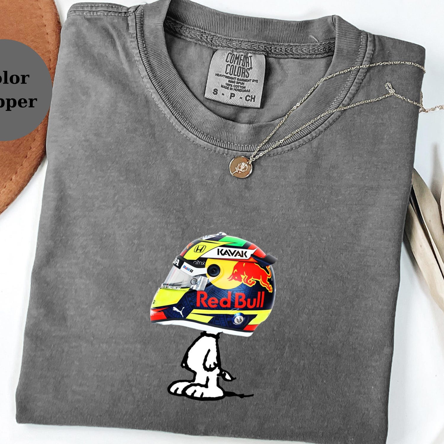 Sergio P�rez Racing Helmet Snoopy Shirt, Funny F1 Fan Crewneck, Cartoon Racer Top, Motorsport Gift, Comfort Colors Unisex Shirt