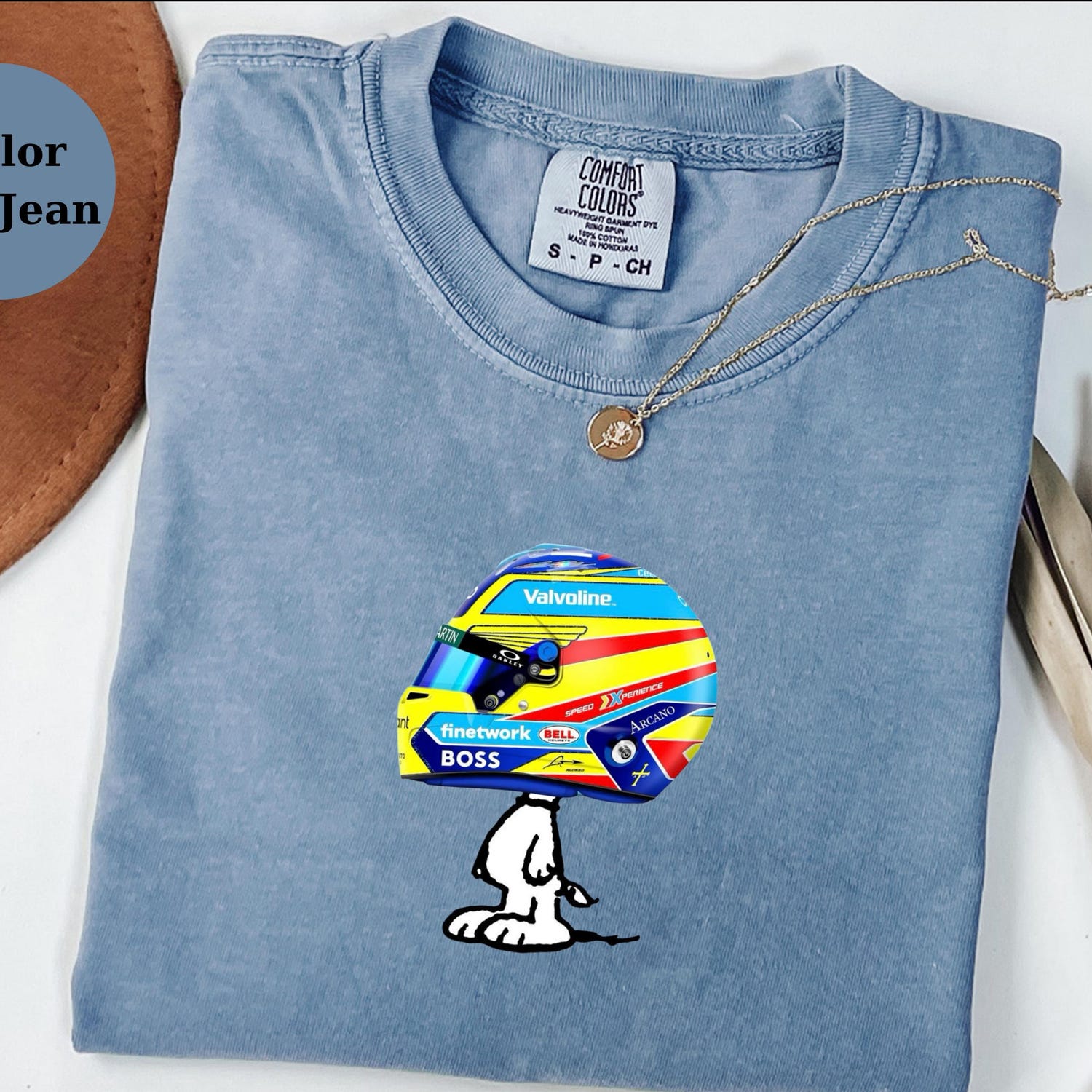 Fernando Alonso Racing Helmet Snoopy Shirt, Funny F1 Fan Crewneck, Cartoon Racer Top, Motorsport Gift, Comfort Colors Unisex Shirt