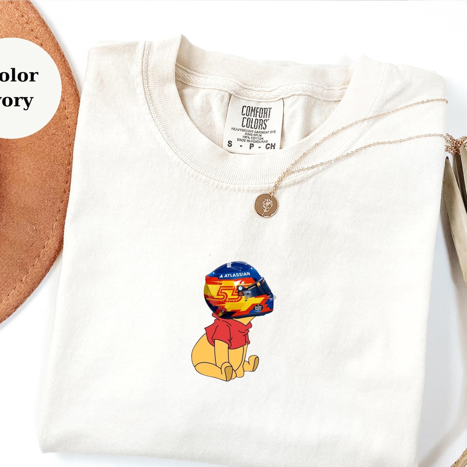Carlos Sainz Racing Helmet Winnie The Pooh Shirt, Funny F1 Fan Crewneck, Cartoon Racer Top, Motorsport Gift, Comfort Colors Unisex Shirt