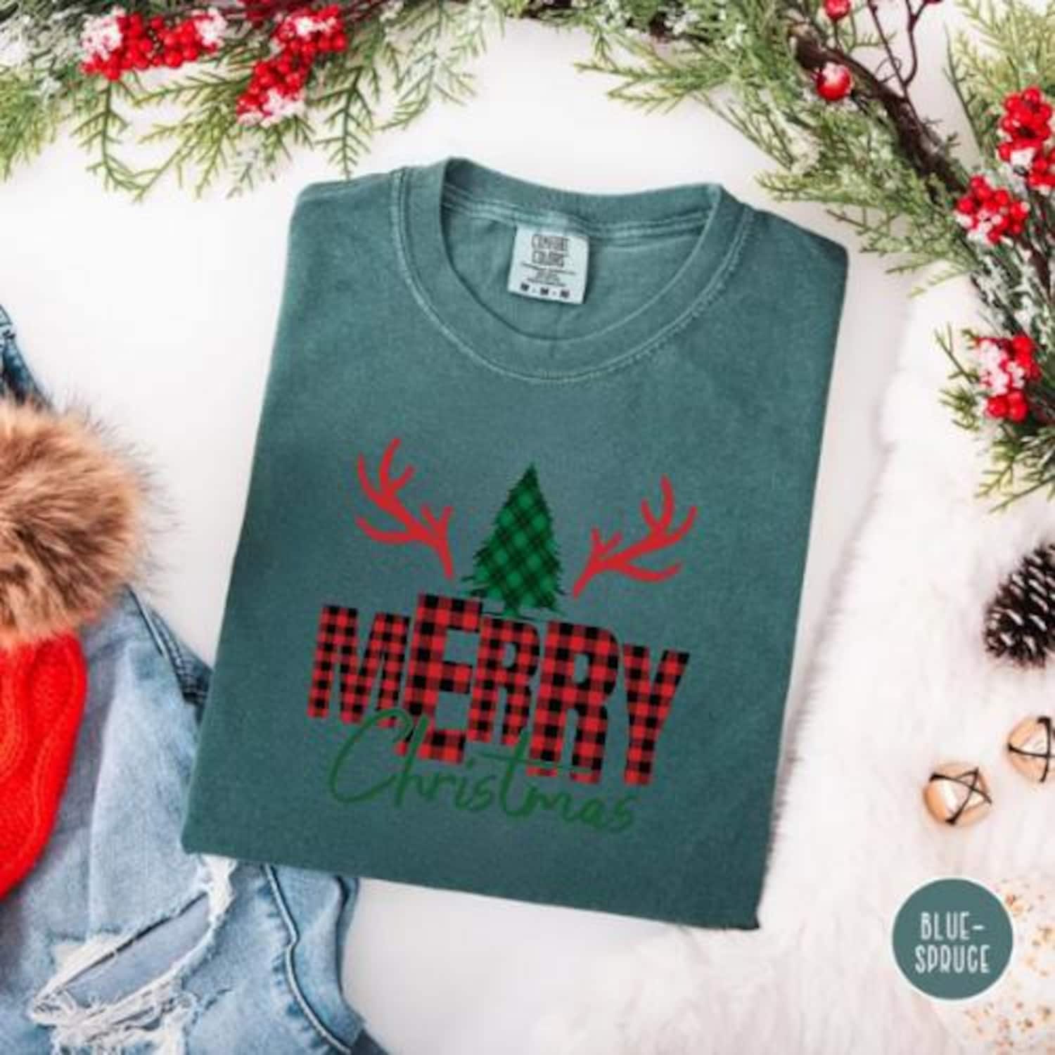 Buffalo Plaid Merry Christmas Shirt, Reindeer Antler Tree Tee, Retro Xmas Graphic T-Shirt, Holiday Gift Top, Unisex Winter Outfit