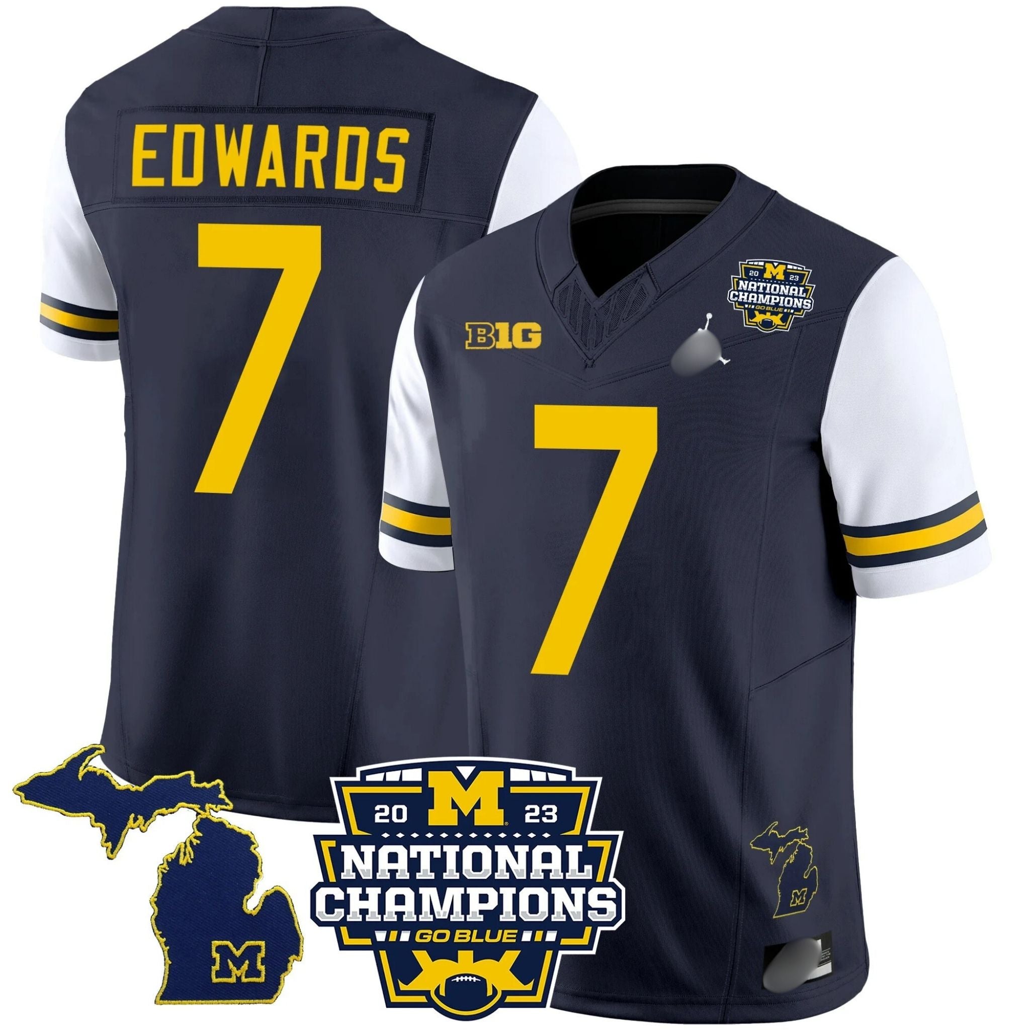 M.Wolverines #7 Donovan Edwards B1G & 2023 National Champions Patch Fan Jersey
