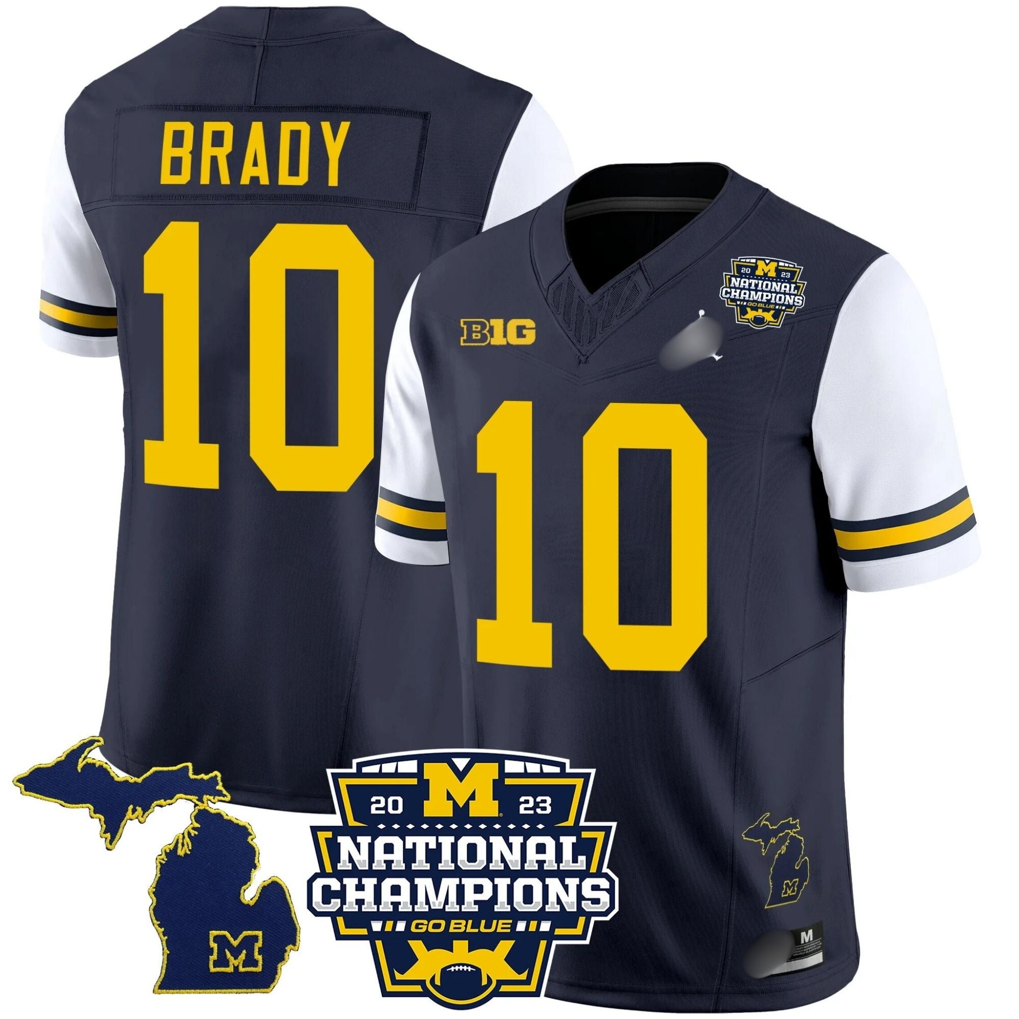 M.Wolverines #10 Tom Brady B1G & 2023 National Champions Patch Fan Jersey