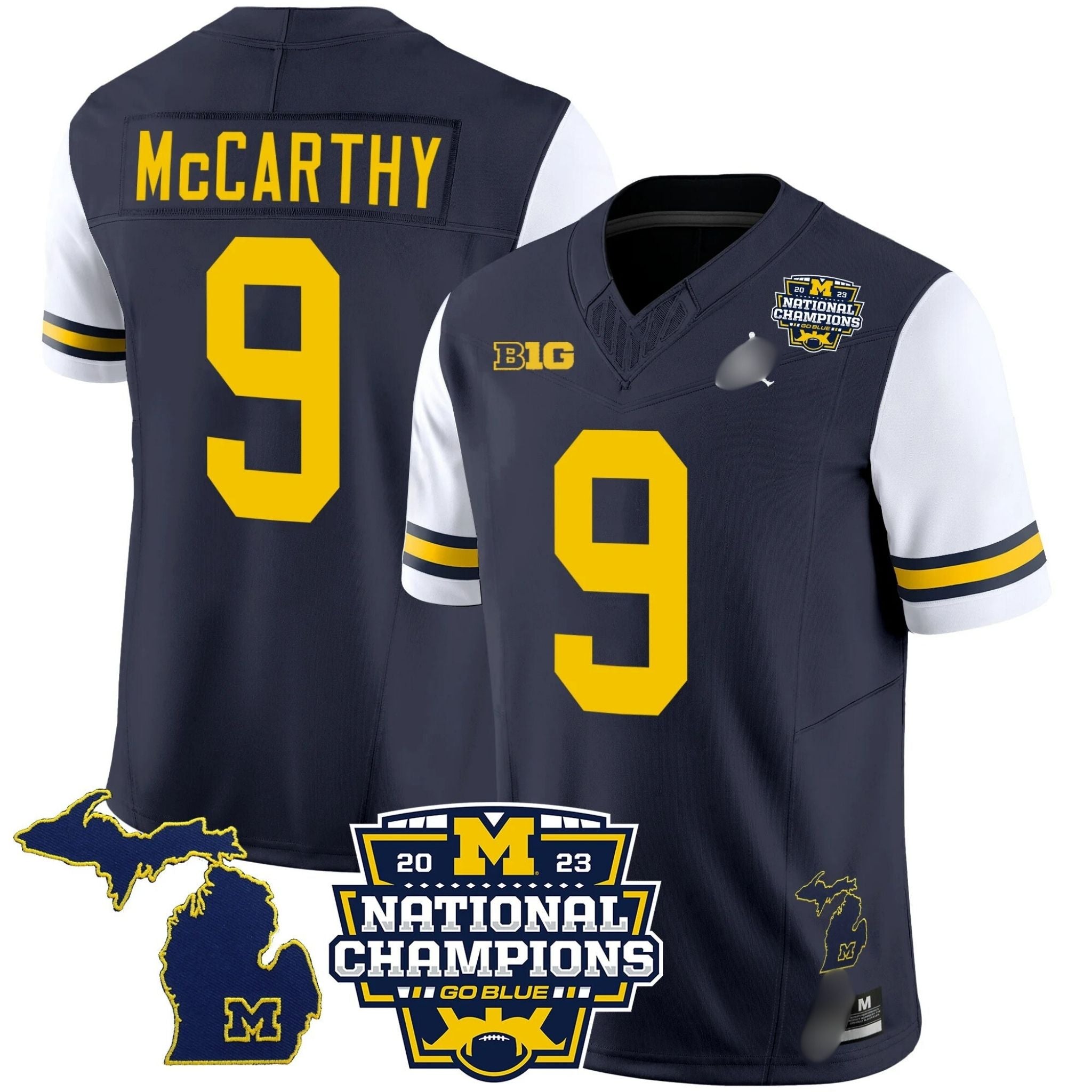 M.Wolverines #9 J. J. McCarthy B1G & 2023 National Champions Patch Fan Jersey