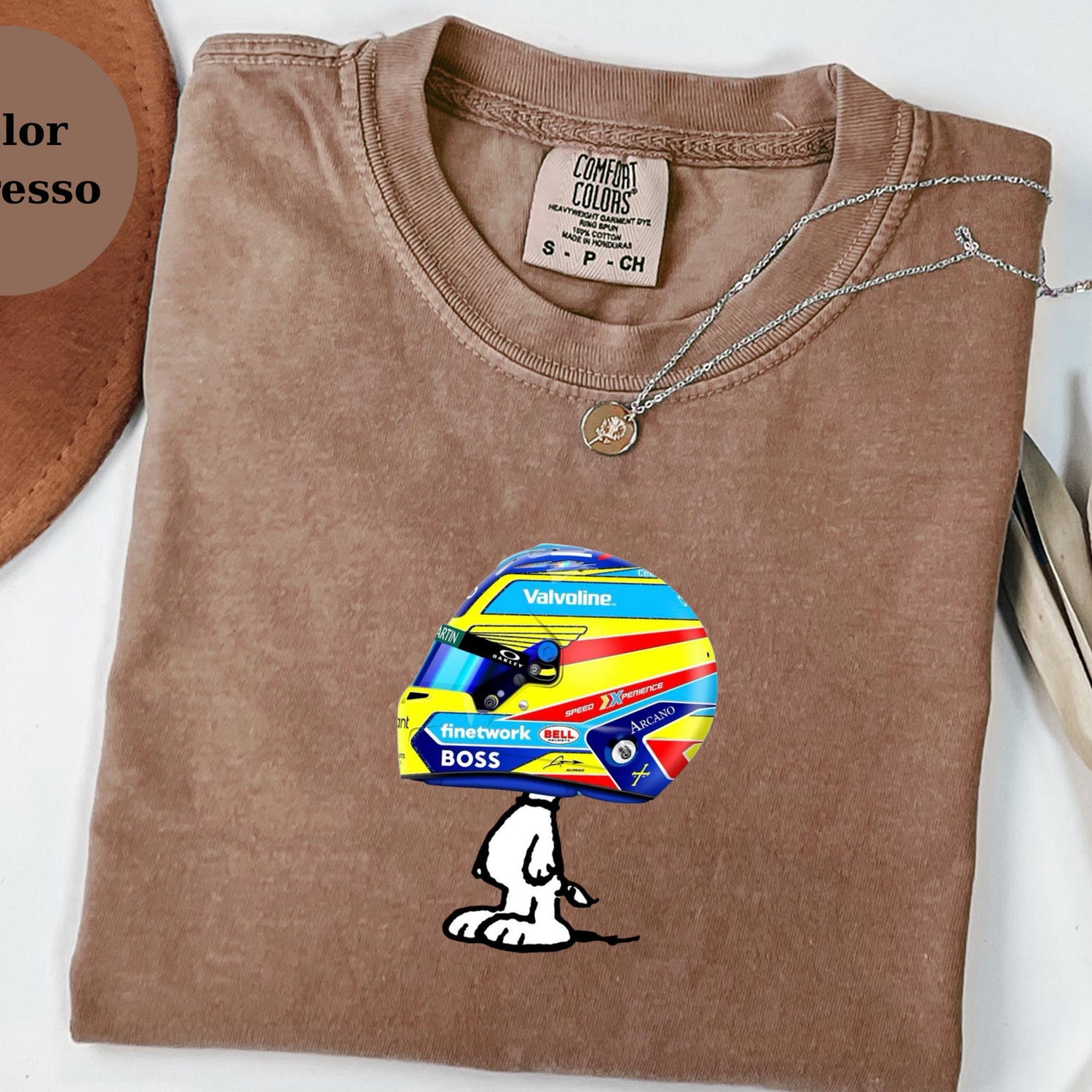Fernando Alonso Racing Helmet Snoopy Shirt, Funny F1 Fan Crewneck, Cartoon Racer Top, Motorsport Gift, Comfort Colors Unisex Shirt