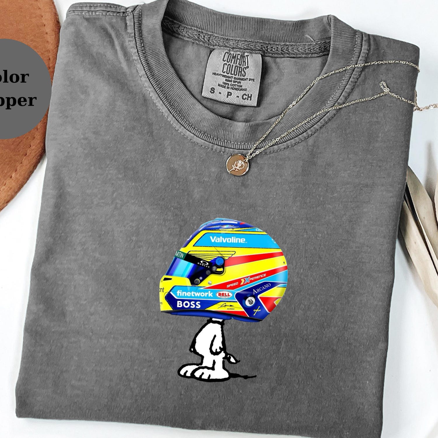 Fernando Alonso Racing Helmet Snoopy Shirt, Funny F1 Fan Crewneck, Cartoon Racer Top, Motorsport Gift, Comfort Colors Unisex Shirt