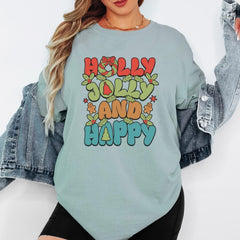 Holly Jolly and Happy Christmas Sweatshirt, Retro Xmas Graphic Tee, Cute Holiday Pullover, Vintage Christmas Shirt, Unisex Winter Gift