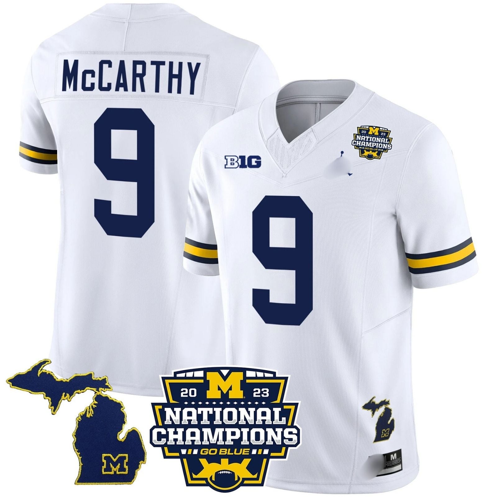 M.Wolverines #9 J. J. McCarthy B1G & 2023 National Champions Patch Fan Jersey