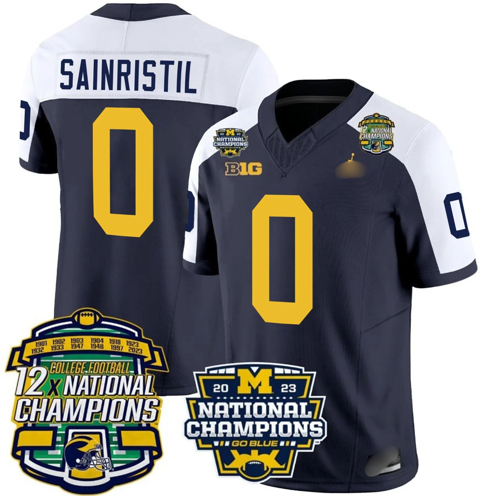 M.Wolverines #0 Mike Sainristil Corum 12x National Champions Patch Vapor Jersey