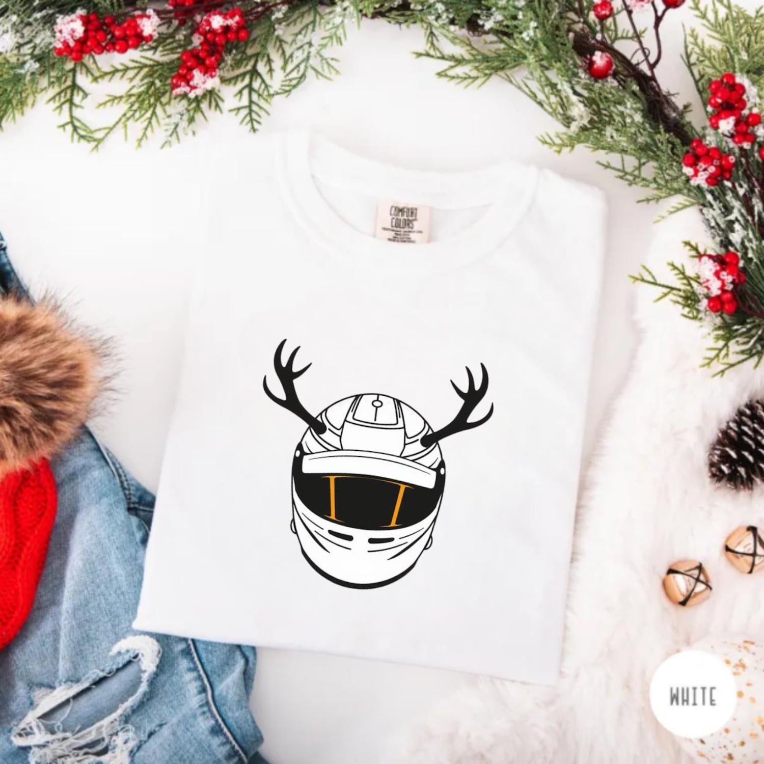 Racing Christmas Helmet Tee, Reindeer Antler Moto Shirt, Holiday Race Fan Gift