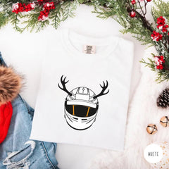 Racing Christmas Helmet Tee, Reindeer Antler Moto Shirt, Holiday Race Fan Gift