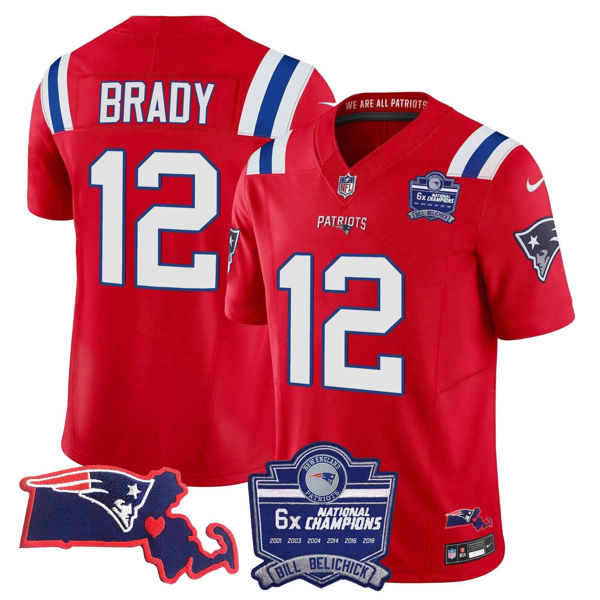 N.E Patriots #12 Tom Brady Bill Belichick 6x Champions & State Patch Fan Jersey