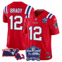 N.E Patriots #12 Tom Brady Bill Belichick 6x Champions & State Patch Fan Jersey