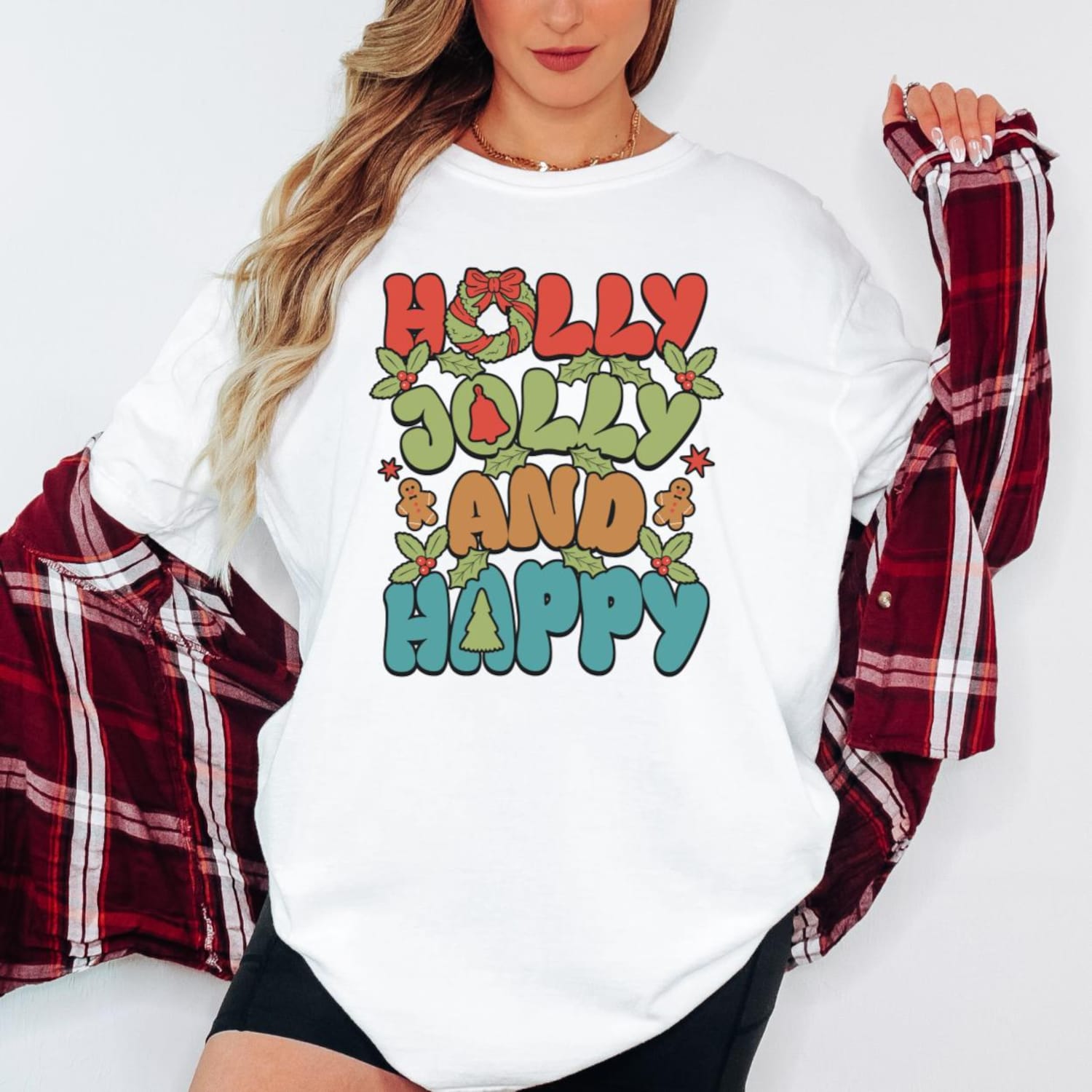 Holly Jolly and Happy Christmas Sweatshirt, Retro Xmas Graphic Tee, Cute Holiday Pullover, Vintage Christmas Shirt, Unisex Winter Gift