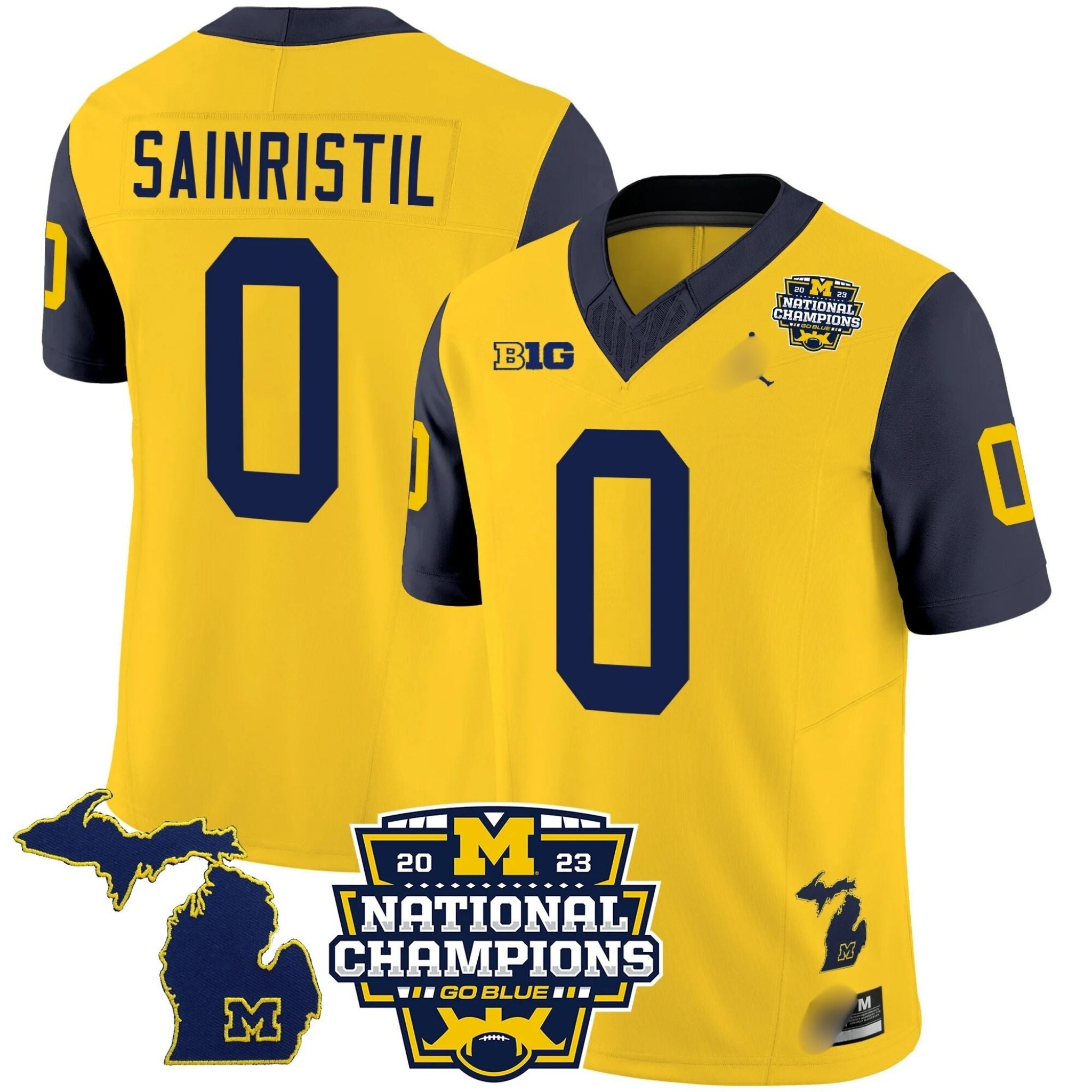 M.Wolverines #0 Mike Sainristil B1G & 2023 National Champions Patch Fan Jersey