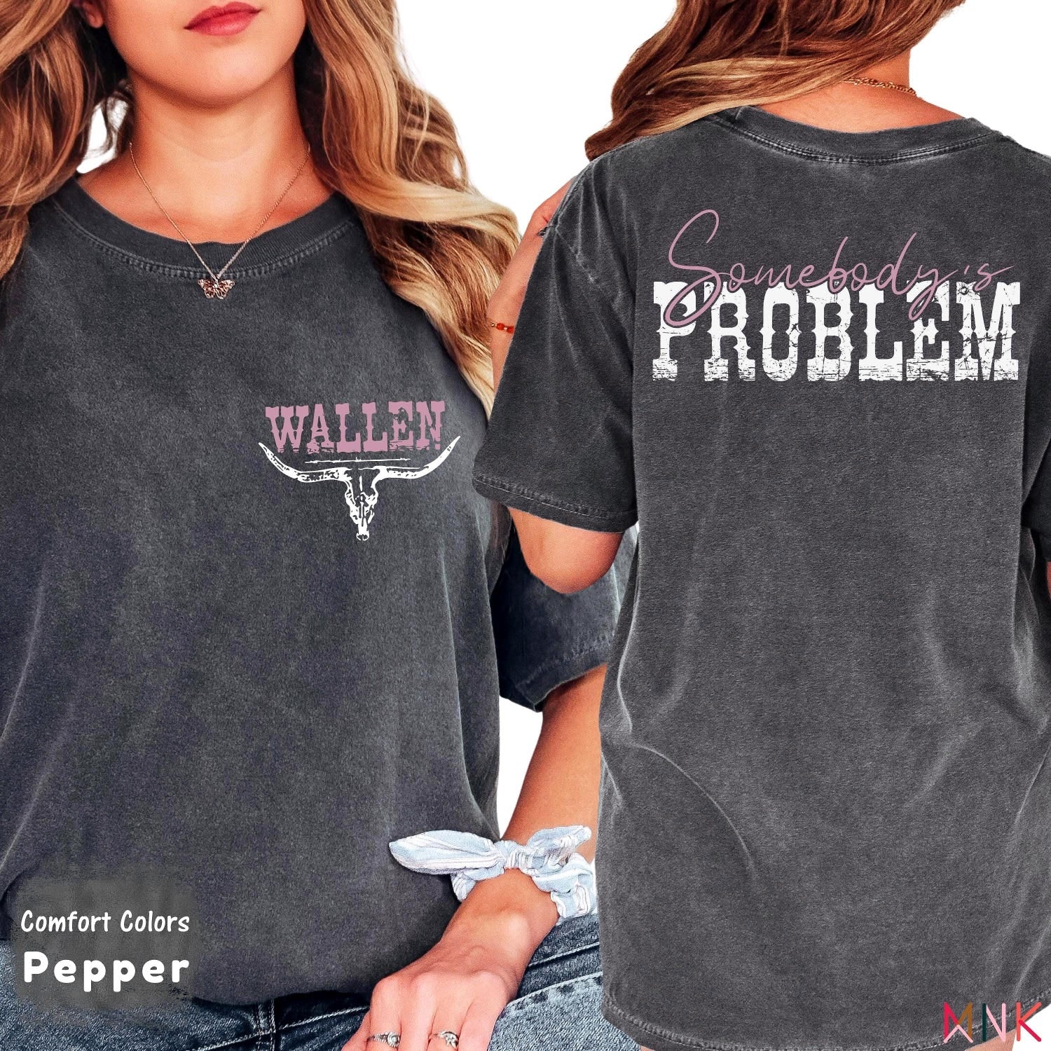Somebody's Problem Bull Skull Tee: Double Sided Country Concert Shirt'4307896904