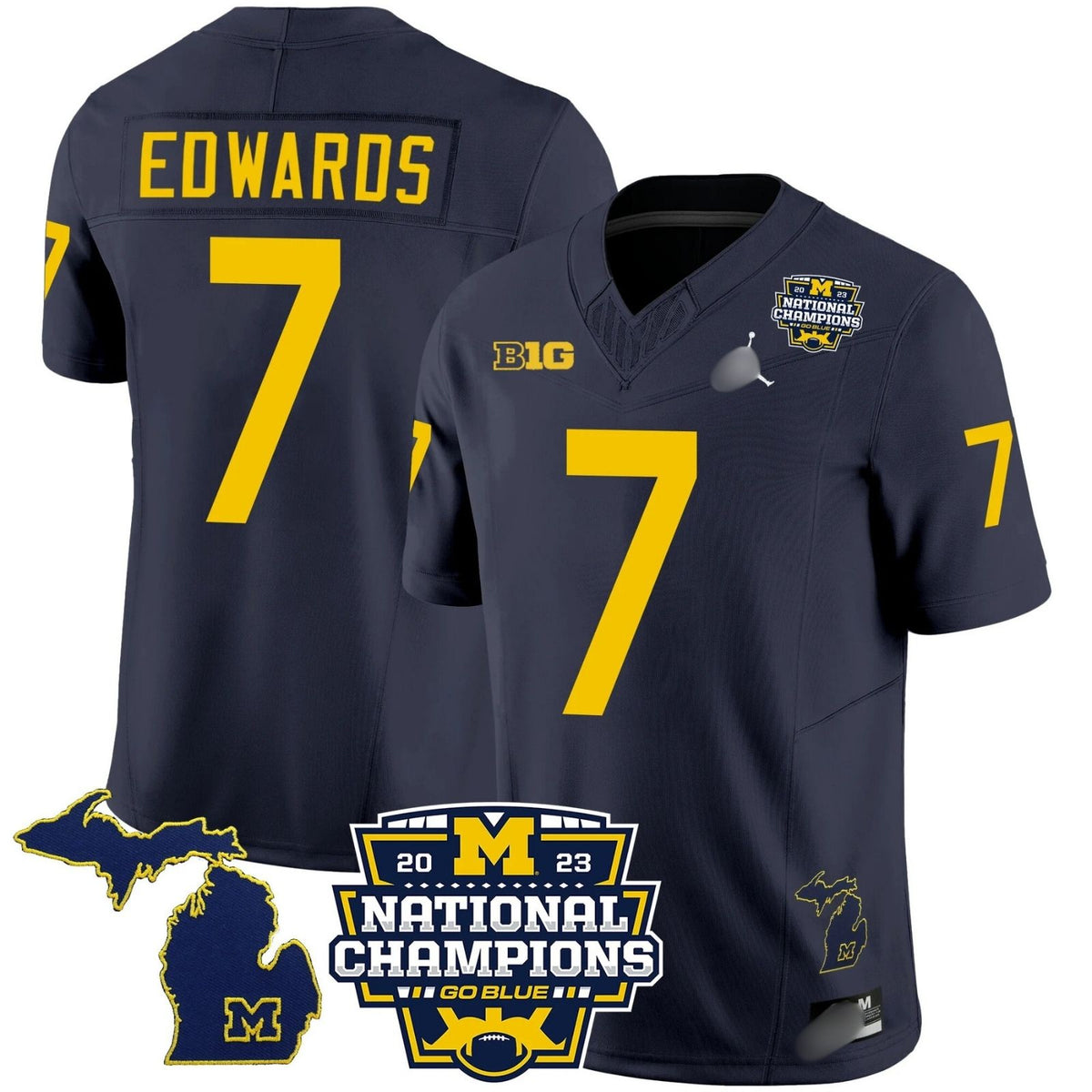 M.Wolverines #7 Donovan Edwards B1G & 2023 National Champions Patch Fan Jersey