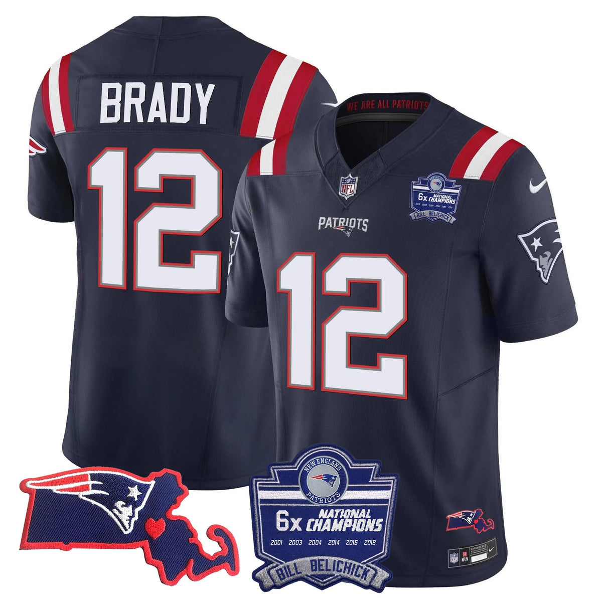 N.E Patriots #12 Tom Brady Bill Belichick 6x Champions & State Patch Fan Jersey