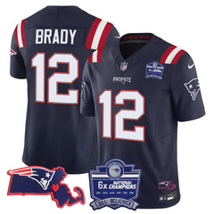 N.E Patriots #12 Tom Brady Bill Belichick 6x Champions & State Patch Fan Jersey