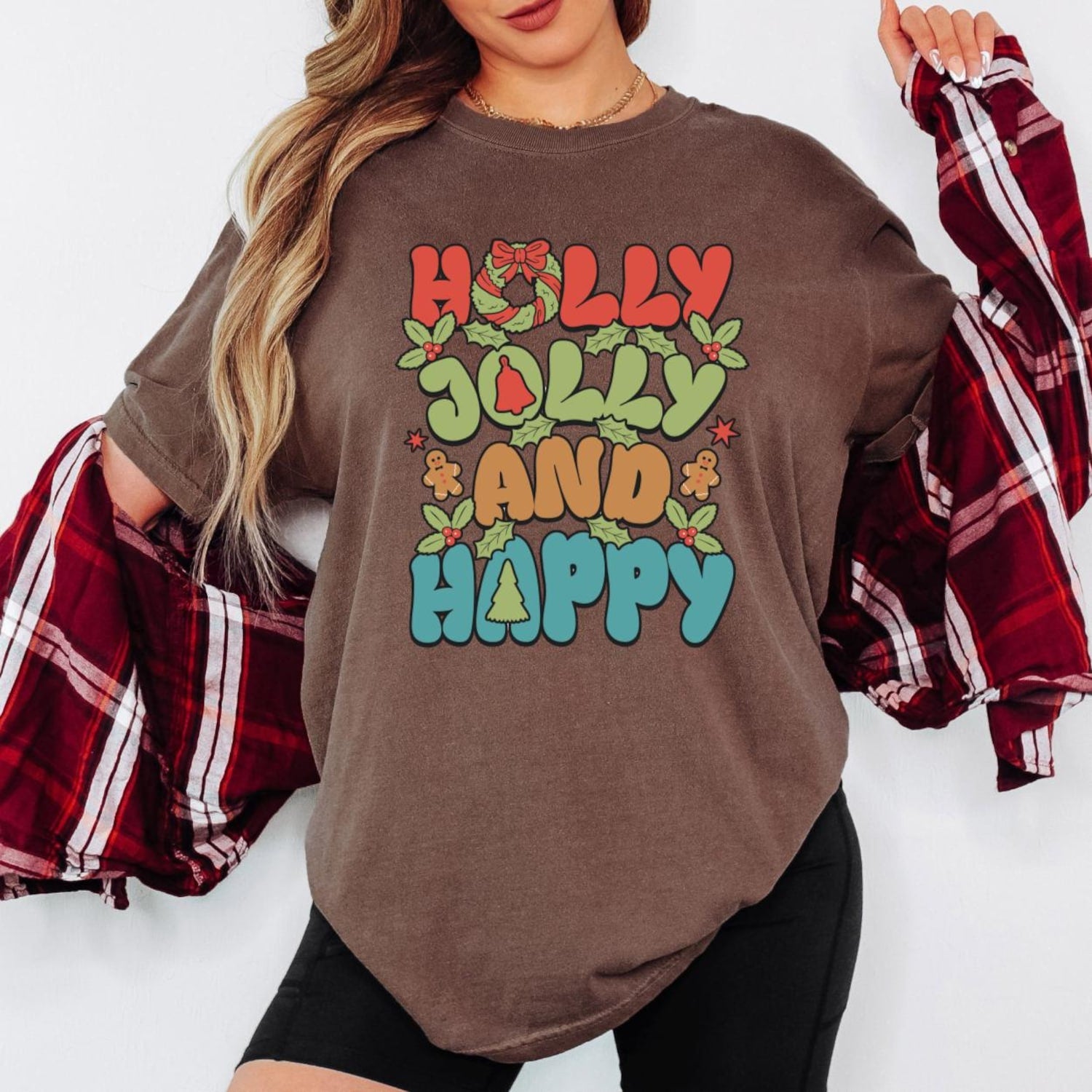 Holly Jolly and Happy Christmas Sweatshirt, Retro Xmas Graphic Tee, Cute Holiday Pullover, Vintage Christmas Shirt, Unisex Winter Gift