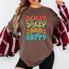 Holly Jolly and Happy Christmas Sweatshirt, Retro Xmas Graphic Tee, Cute Holiday Pullover, Vintage Christmas Shirt, Unisex Winter Gift