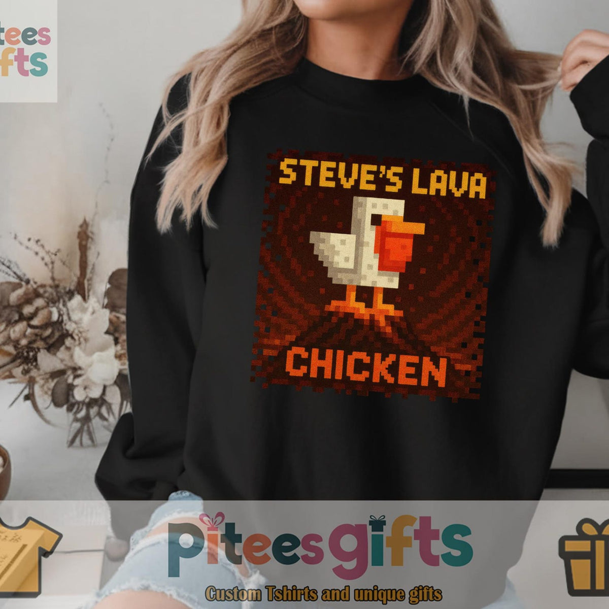Steve's Lava Chicken Pixel Art Gamer Shirt Boys Kids T-Shirt, Perfect for Gamers & Animal Lovers, Gamer Gift, Cartoon Graphic T-Shirt
