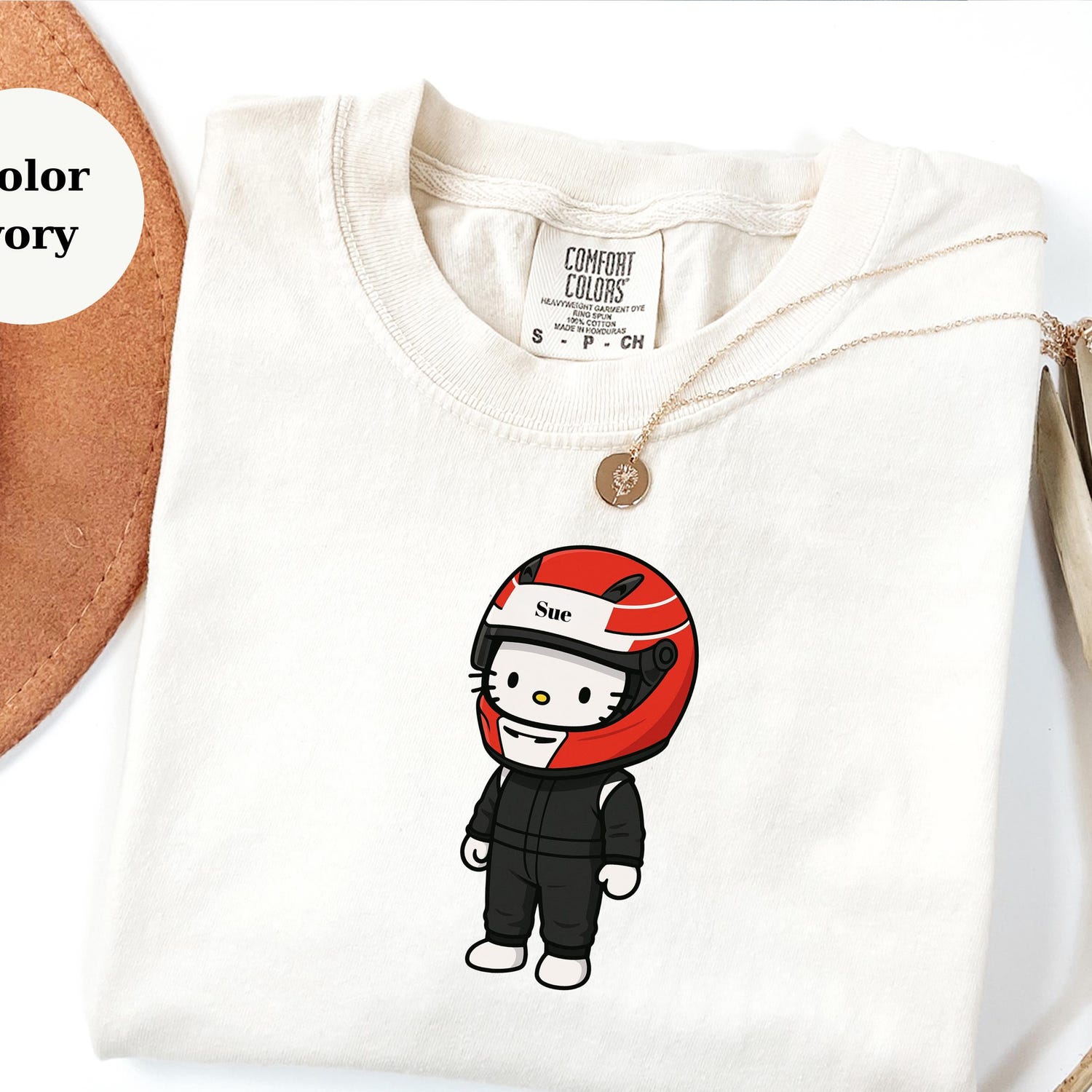 Personalized Racer Hello Kitty T-Shirt Custom Name Helmet Cute Race Driver Tee for F1 & Kart Fans