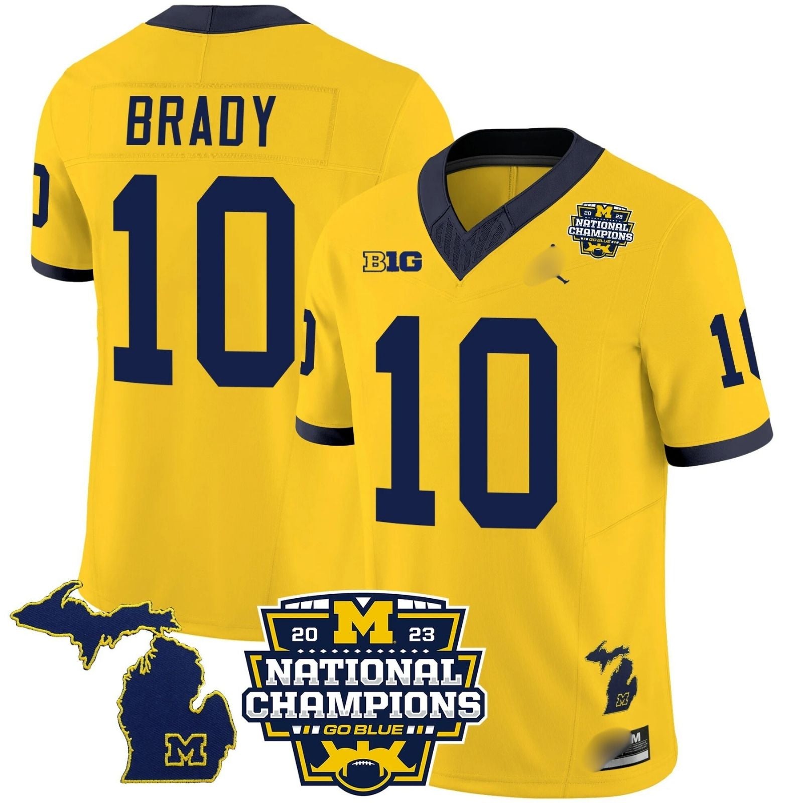 M.Wolverines #10 Tom Brady B1G & 2023 National Champions Patch Fan Jersey