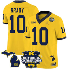 M.Wolverines #10 Tom Brady B1G & 2023 National Champions Patch Fan Jersey