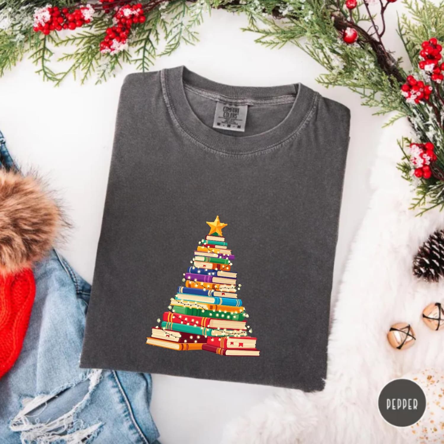 Book Christmas Tree Shirt, Book Lover Holiday Tee, Reading Christmas Shirt, Cute Librarian Gift, Winter Reader Top