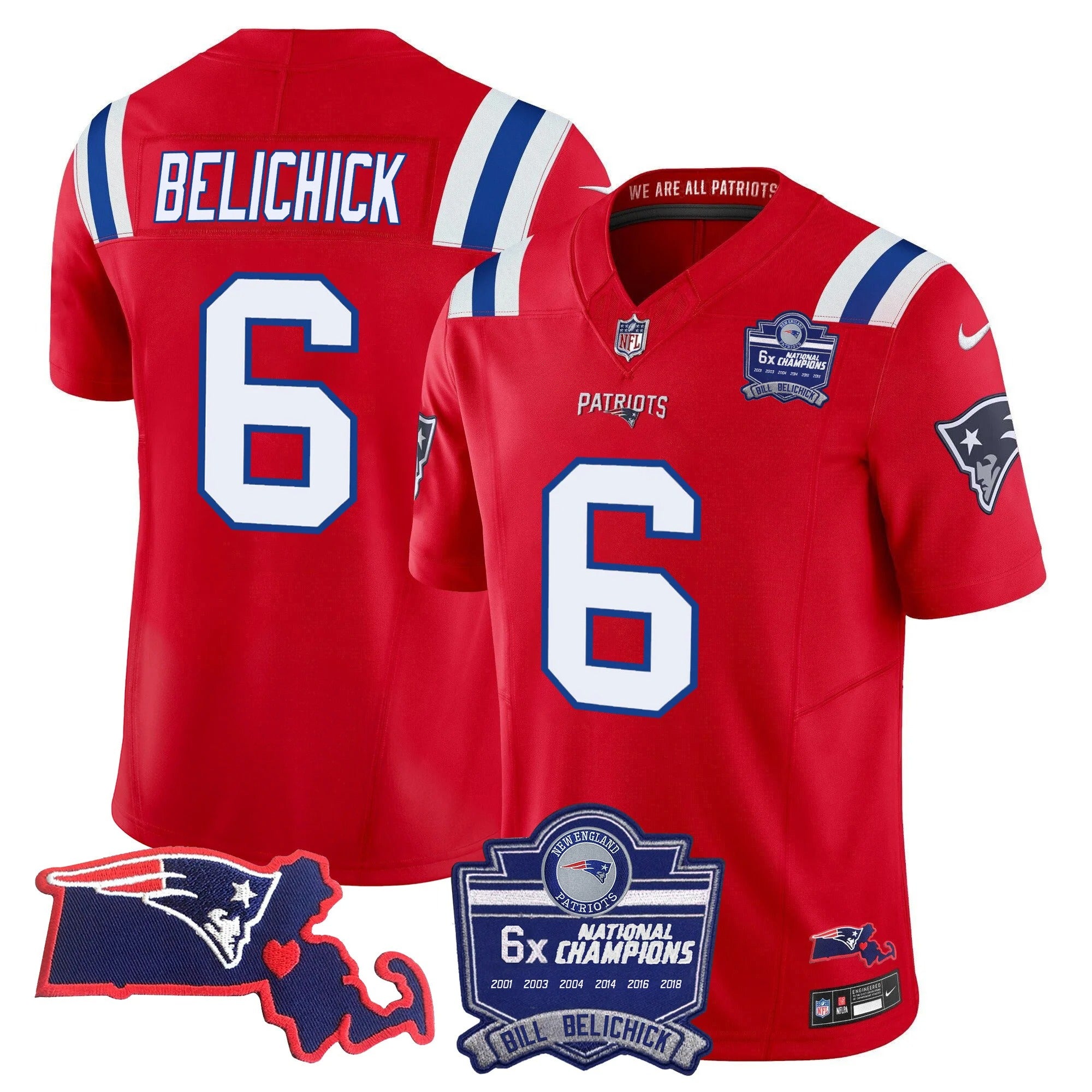 N.E Patriots #6 Bill Belichick Bill Belichick 6x Champions & State Patch Fan Jersey