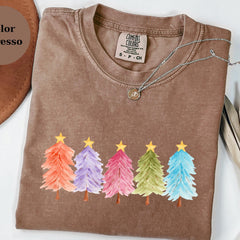 Colorful Christmas Tree Sweatshirt, Pastel Holiday Sweater, Watercolor Xmas Top, Cozy Winter Gift, Festive Comfort Colors Crewneck