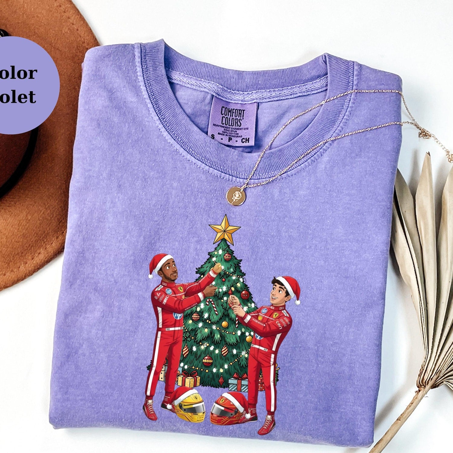 Ferrari Racing Team, Lewis Hamilton and Charles Leclerc F1 Christmas Tree Tee, Racing Driver Holiday T-Shirt, Racing Fan Xmas Gift Top
